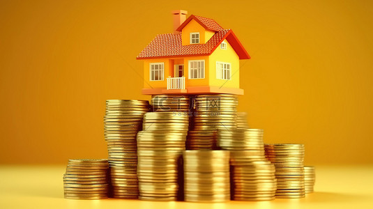 房地产投资背景图片_房地产投资房屋和金钱堆栈图标的 3D 渲染