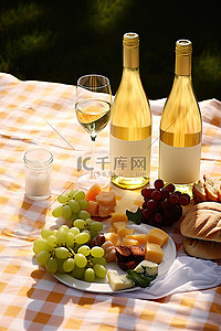 在草坪上野餐，享用葡萄酒和小吃