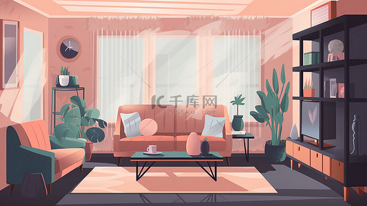 卡通摆件背景图片_客厅空间建筑粉色