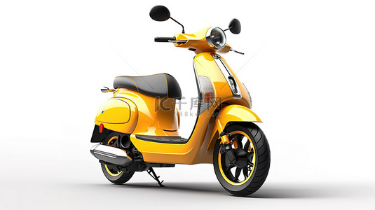 当代城市轻便摩托车采用明亮的黄色色调，在干净的白色表面上以 3D 渲染