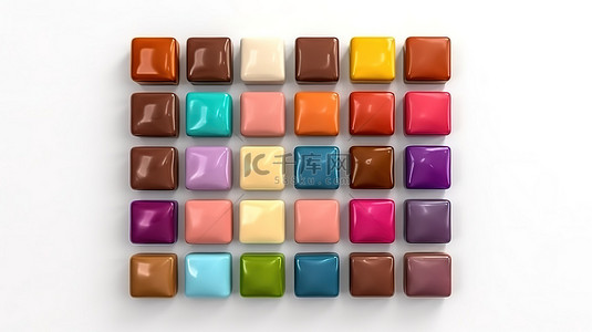充满活力的方形糖果与彩色巧克力在白色隔离背景顶视图 3D 插图