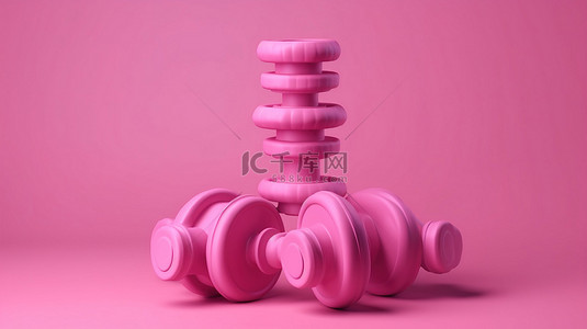 运动和健康图标粉红色哑铃漂浮在空中，具有 3D 渲染