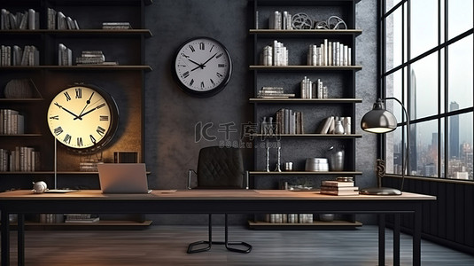 当代工作空间的 3D 渲染，配有时尚的桌面计时器和图书馆风格的背景