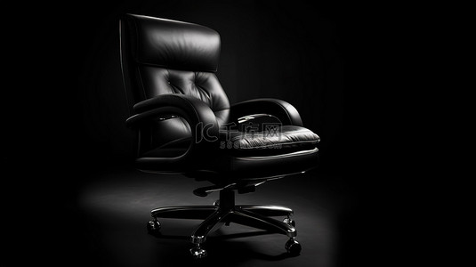 光滑的黑色皮革行政椅在黑色背景 3D 渲染下由体积光照亮