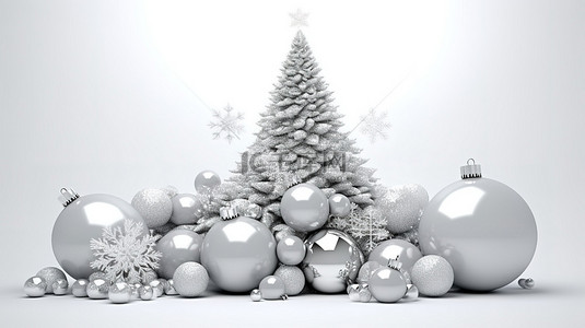 礼物雪花背景图片_节日快乐 3D 渲染白色背景展示圣诞树装饰品雪花礼物和球