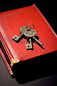 旧书上刻有红色封面的钥匙链