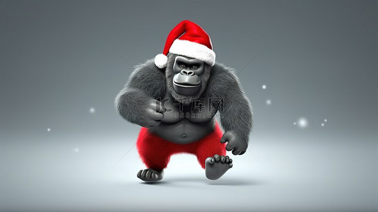 顽皮的 3D 大猩猩戴着节日圣诞帽快乐地冲刺