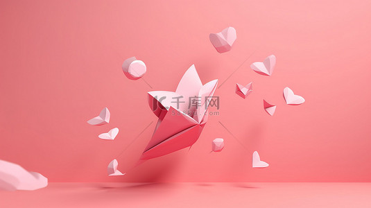 粉红心形背景与爱信息纸飞机的 3D 渲染