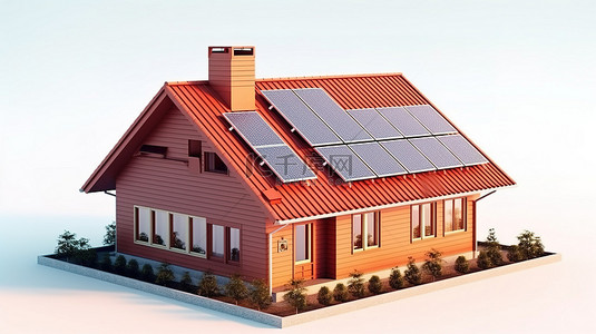 屋顶上有高效太阳能电池板的太阳能房屋 3d 渲染