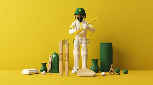 巴基斯坦板球队运动员，配有比赛装备，黄色背景上充满活力的 3D 插图