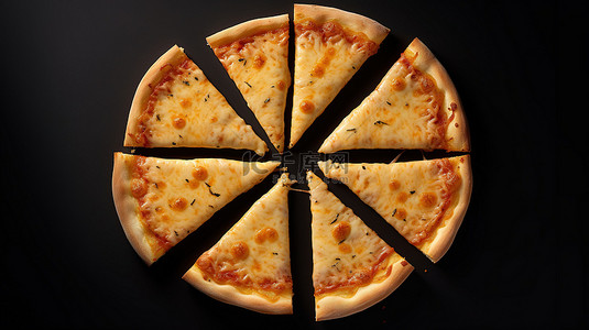 等量的奶酪披萨片排列在平坦的背景上，具有四个奶酪披萨的 3D 渲染