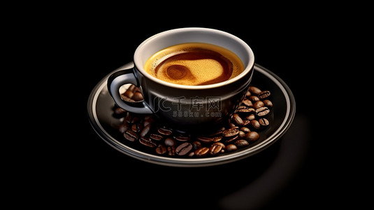 黑色背景的 3D 插图，前景是咖啡杯