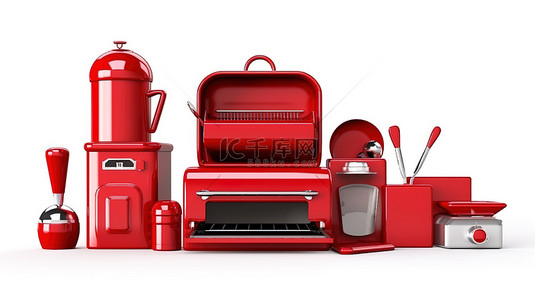 红色邮箱房屋厨房用具设置在白色背景 3D 渲染上