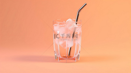 粉红色背景空白区域 3d 渲染中带冰和稻草的清爽饮料
