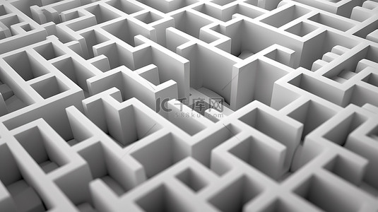 虚拟探索 3D 渲染中的白色迷宫，具有几何图案和抽象幻觉