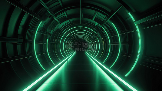 绿线 3D 抽象隧道，为科幻爱好者提供 3D 插图