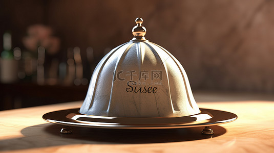 餐饮美食标志背景图片_带有服务标志和白色背景纸张的餐厅克洛什的 3D 渲染
