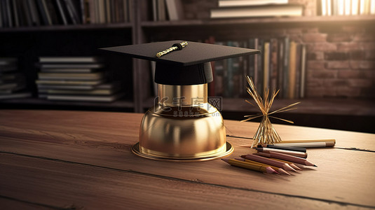 木桌上的书本和铅笔之间装饰着 3D 渲染毕业帽的金色奖杯
