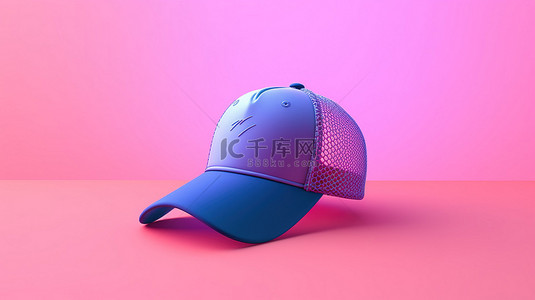 粉色背景，带有时尚双色调蓝色棒球帽的 3D 渲染