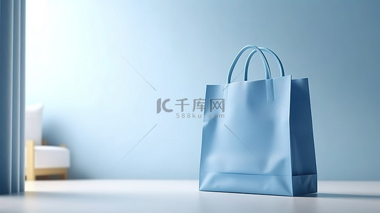 明亮背景上的空白蓝色购物袋，带有以 3D 渲染的购买和商业想法占位符