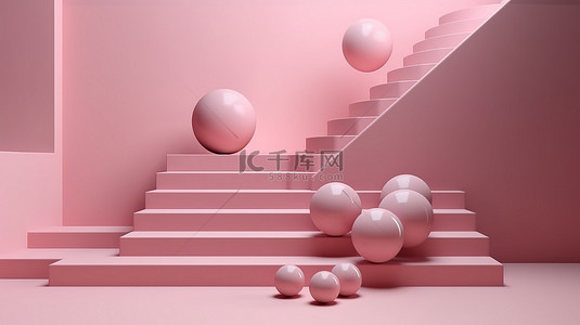几何楼梯背景图片_粉红色的讲台楼梯和 3d 渲染的球体