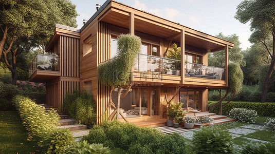 令人惊叹的现代木制别墅辅以充满活力的花园 3D 渲染