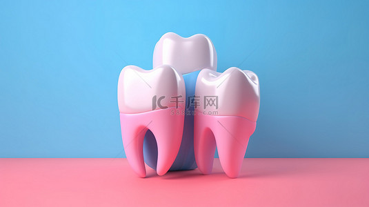 柔和的粉色和蓝色背景上 3D 渲染牙齿的插图