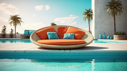 令人惊叹的屋顶游泳池的 3D 插图渲染，配有室外休息室露台和沙发长凳