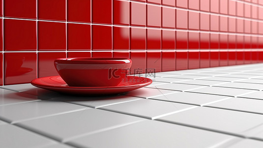 简约的红色厨房台面，单色风格的马赛克墙 3D 渲染