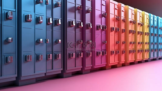 数据透视图背景图片_蓝色和粉色 3D 渲染插图中彩色托管服务器机架的透视图