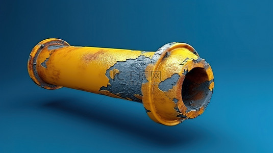 蓝色背景下油漆剥落的风化黄色管道的 3D 插图，特写
