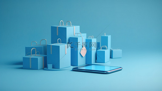 手机上市背景图片_蓝色背景横幅，带有包裹箱和手机的 3D 渲染，带有位置图标