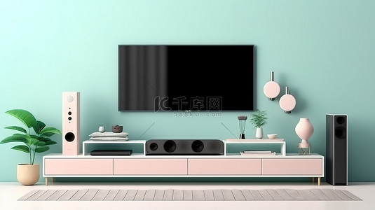 电视样机背景图片_带有薄荷色墙壁的日本客厅中智能电视样机的 3D 渲染
