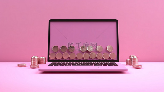 粉红色背景上带有硬币包装的空白笔记本电脑屏幕的 3D 渲染
