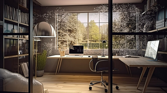 家庭办公室房间，桌上有电脑用品和装饰品，透过玻璃墙可以看到令人惊叹的 3D 渲染