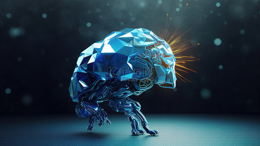 具有蓝色多边形大脑的 3D 渲染机器人，象征着具有认知能力的人工智能概念