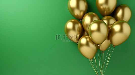 数字气球4背景图片_数字创建的绿色背景下的一簇金色气球