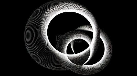 黑色背景上带有白色网格的三个不规则圆圈的抽象 3D 渲染