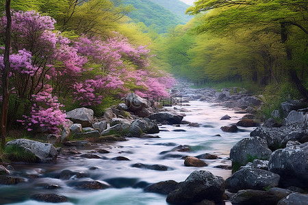 一条河流流经岩石山丘，周围环绕着树木和鲜花