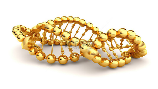 白色背景下的金色 DNA 3D 渲染中用于科学和教育目的的插图