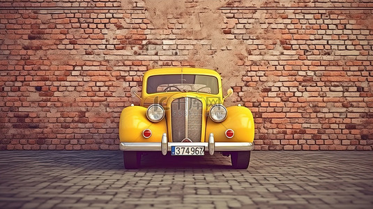 黄色车背景背景图片_复古魅力老式黄色汽车停在砖墙上 3D 渲染