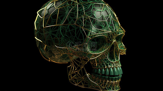 plexus背景背景图片_黑色背景上 plexus 风格 3d 渲染的带有金色框架的绿色头骨