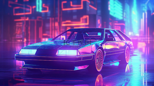 80 年代风格赛博朋克车辆在虚拟霓虹灯环境中赛车的 3D 插图