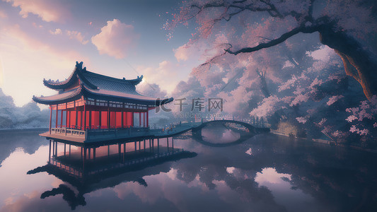 中国风石桥背景图片_湖上小屋拱桥树林