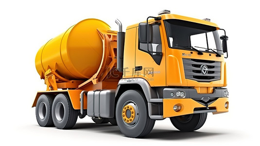 重型运输背景图片_干净的白色背景中充满活力的橙色水泥搅拌车