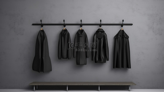 家居销售背景图片_光滑的黑色衣架，带有衣架，在柔和的灰色背景 3D 渲染中