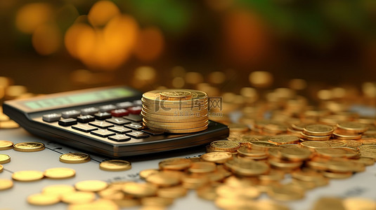 金钱很重要 计算器和金币的 3D 渲染象征着金融概念
