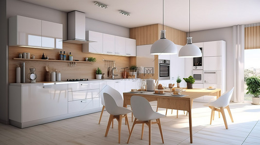 现代木质和白色橱柜，配有餐桌和厨具，采用 3D 渲染厨房内部