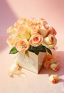 纸上花背景图片_象牙色玫瑰花束，粉红色纸上有粉红色盒子