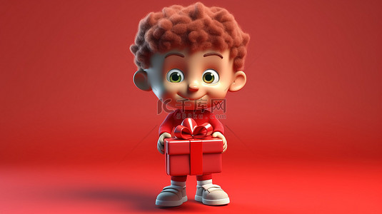 3d动画人物背景图片_欢快的3D动画卡通人物拿着红色礼品盒